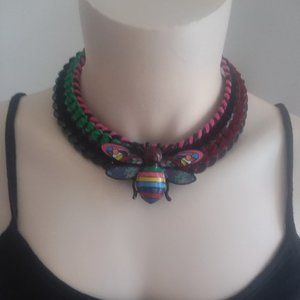Bee black/multi handmade recycled statement necklace choker OOAK